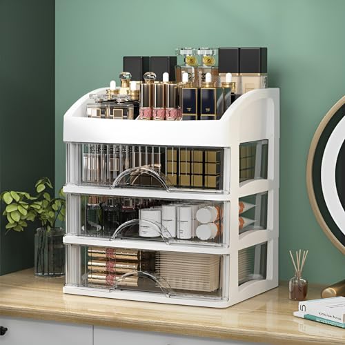 Image of HoopVool Desk Makeup Organizer, Plastic Storage Box with Sliding Drawer, Stylish Display Case for Cosmetics, Lotion, Nail Polish,Brushes,and Jewelry (1 White, 3 - Layer)