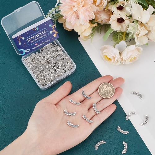 SUNNYCLUE 1 Box 120Pcs Dragonfly Wing Beads Bulk Silver Wing Bead Charm Alloy Metal Tibetan Vintage Fairy Wings Spacer Beads for jewellery Making Beads DIY Christmas Necklace Earrings Beginners Women - Image 3