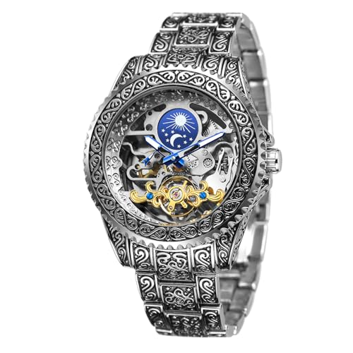 Image of Gute Men's Watch Retro Mechanical Skeleton Watch with Carved Automatic Tourbillon, Moon Phase, Independent Seconds, and Big Dial Design - Self-Wind Automatic Wrist Watches