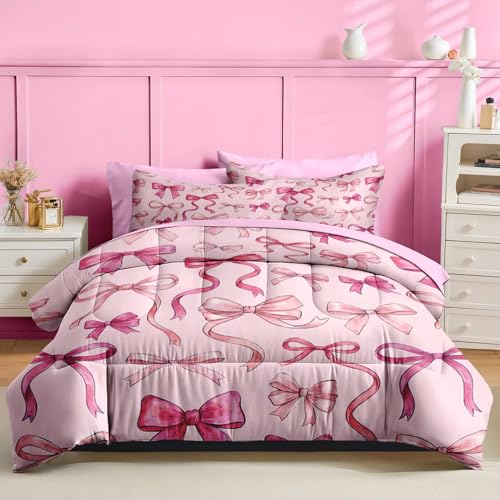 Image of Nesker Bow Comforter Set Full Size, 7 Pieces Bed in a Bag, Pink Watercolor Bow Bedding Set for Girls, Coquette Bows Comforter Set with 2 Pillowcases & 2 Shams