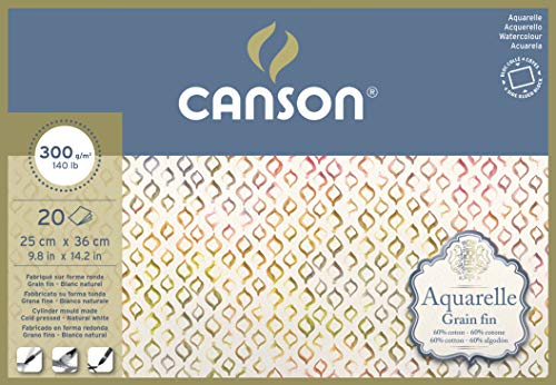 Canson Aquarelle - Bloc Encolado A 4 Lados, 25 X 36 Cm, 20 Hojas, 60% Algodón, Grano Fino, 300 G
