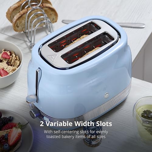 Swan ST19028BLU Retro 2 Slice Toaster with 6 Browning Levels for Toast, Bagels, Breakfast Muffins, Defrost/Reheat/Cancel, Hidden Cord Storage, Non-Slip Feet, 930W, Blue and Stainless Steel - Image 4