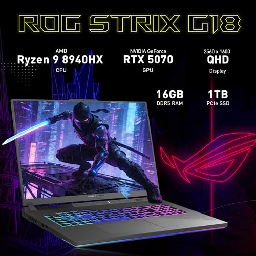 Image of ASUS ROG Strix G18 Gaming Laptop, NVIDIA GeForce RTX 5070, AMD Ryzen 9 7940HX, 16GB RAM, 2TB Storage(1TB SSD+1TB Docking Station), Backlit Keyboard, 18 inch 2.5K 240Hz Display, Win 11, Gray