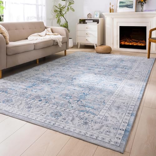 Carvapet 8x10 Blue Vintage Rugs for Living Room Bedroom Dorm,