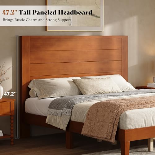 Image of AMERLIFE Full Size Bed Frame with 48 inch Tall Headboard, Mid Century Modern Solid Wood Platform Bed with Silent Wood Slat System, No Box Spring Needed, Under-Bed Storage, Brown
