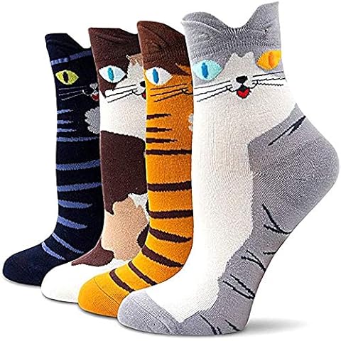 5 Pairs Womens Cute Funny Socks, Girls Novelty Casual Cotton Crew Animal Dog Cat Socks, Fun Cartoon Floor Socks for Ladies, Size 4-8 (Cute Cat - 4 Pairs) Cover