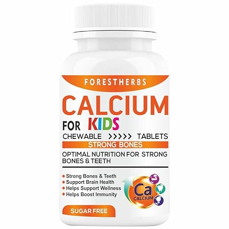 FORESTHERBS Calcium Tablet For Kids With Vitamin D3, C,& Zinc, Magnesium,& Zinc Supplement To Support Strong Bone Development & Growth - 60 Mix Fruit Flavour Chewable Tablets