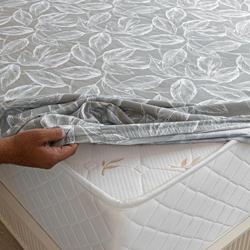 Image of HOMEMONDE Cotton Elastic Bedsheets Leaf Printed Noiseless Fitted Bed Sheets King Size 72 x 78 Inches with 2 Pillow Covers - Grey | Perfect for Home Decor & Gifting