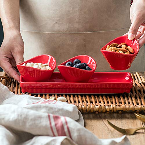 Bruntmor 4-Piece Porcelain Curvy Serving Bowl Set With Tray In Red, Porcelain Chip And Dip Bowls, Small Porcelain Dish Set For Snacks, Nuts, Chip And Dip At Party, Thanksgiving And Christmas #TOP4