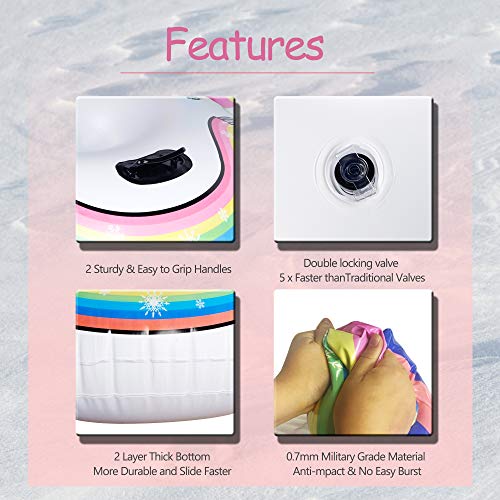 Glintoper Winter Snow Tube for Sledding, 49 Inch Inflatable Unicorn Snow Sled for Kids and Adults, Heavy Duty Snow Tubes with Strong Handles, Wear-Resistant Material & Thickening Freeze-Proof