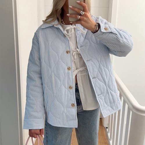FOMOYUU Women Y2K Quilted Jacket Turn Down Collar Striped Print Button Padded Coat Lightweight Long Sleeve Puffer Outwear2