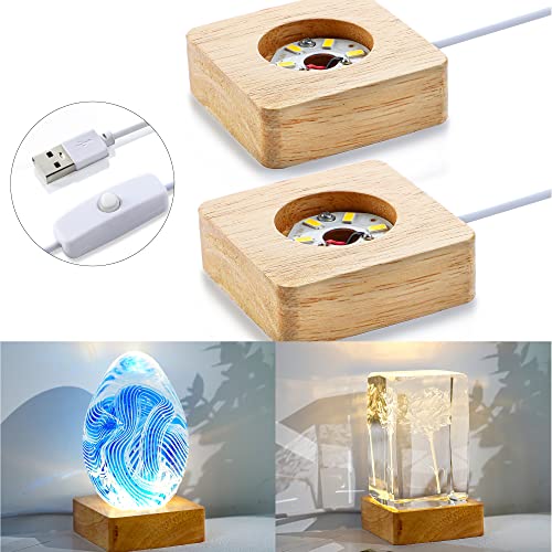 Image of ZEERSHEE Pack 2 Wooden LED Light Display Base 2.3in Crystal Glass Light Base Stand Wood LED Display Stand for 3D Crystal Laser Glass Resin Art Warm Light Square USB Only