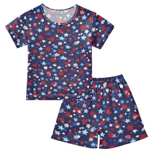 Red Blue Star Pattern Summer Cute Pajama Sets, Short Sets for Daily Wears and Sleep Wears
