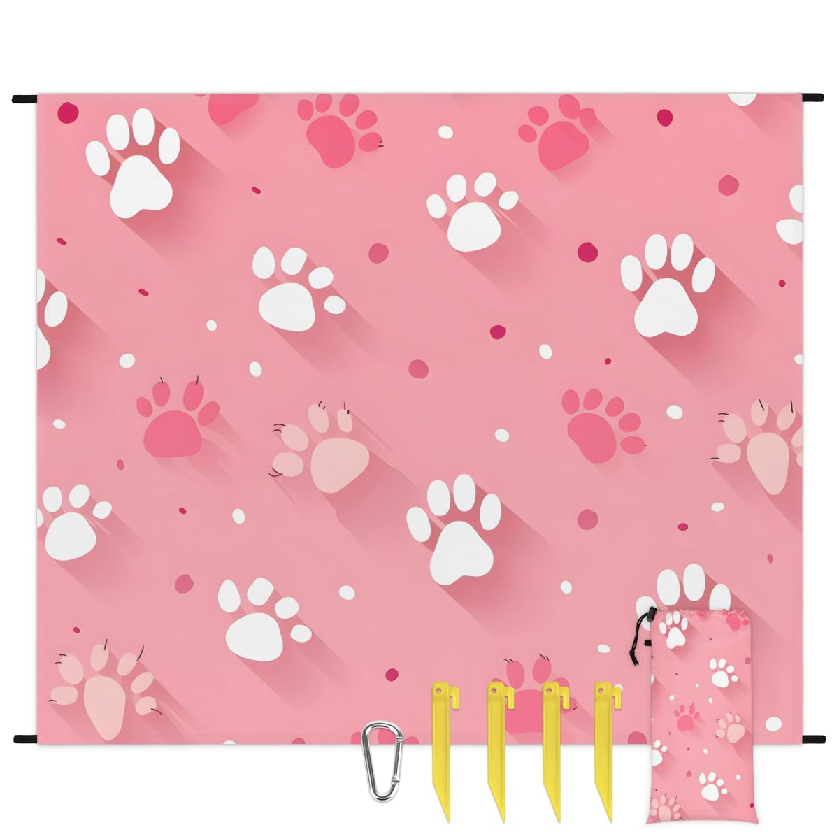Eabrults Waterproof Sandproof Beach Blanket, 59''×68'' Cat Footprints Polyester Outdoor Picnic Blanket with 4 Stakes & Storage Bag for Beach,Camping,Vacation Pink Bottom