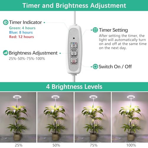 LORDEM Plant Grow Light, Full Spectrum Plant Light for Indoor Plants, Brightness Adjustable LED Growing Lamp with Auto On/Off Timer 4H/8H/12H, Height Adjustable, Ideal for Tall Plants, Pack of 2 by LORDEM - Image 4