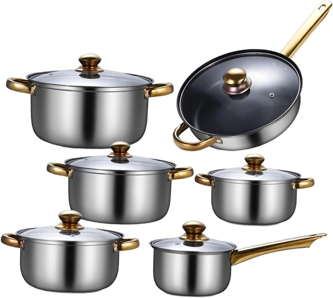 Batteria Pentole Set da Cucina in Acciaio Inossidabile 6 Pezzi Portatile con Pentole E Padelle Coperchio in Vetro per La Casa Cucina(B)