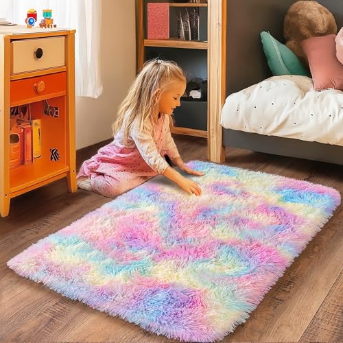 Small Area Rug, 2x3 Rainbow Rug for Bedroom Shaggy Throw Rugs for Girls Room, Soft Carpet for Kids Room, Plush Non-Slip Fluffy Bedside Rug for Living Room Nursery Dorm Home Decor