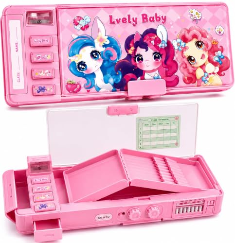 Image of Invite Multifunction Pencil Box for Girls with 2-Digit Password Lock, Built-in Sharpener & Calendar, Dual Sided Magnetic Geometry Compass Box with Pop-up Buttons, School Gift