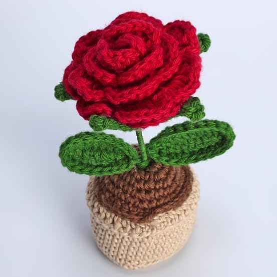 Image of Handmade Crochet Sunflower Pot - Eco-Friendly Knitted Flower Plant, Perfect Decorative Piece for Home, Office Table & Gifting Purpose (Rose)