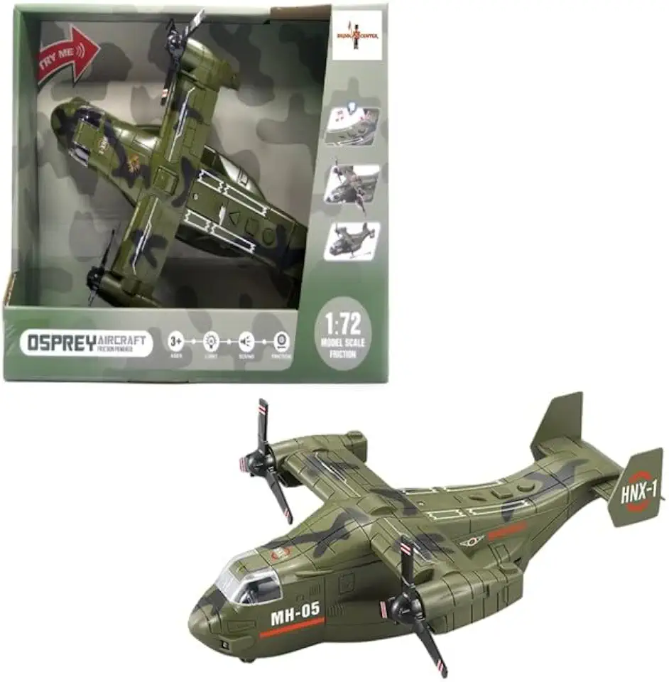 Avião de Transporte de Brinquedo com Fricção, Luz e Som, Escala 1:72, Verde Militar e amarelo, Modelo Bell Boeing V-22 Osprey (Militar)