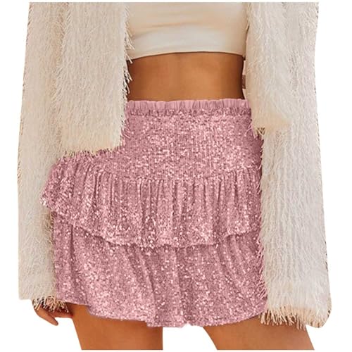 Women's Sequin Skirt Sparkly Cute High Waist Ruffle Flowy Shiny Glitter Mini Short Skirts Night Out Club Party