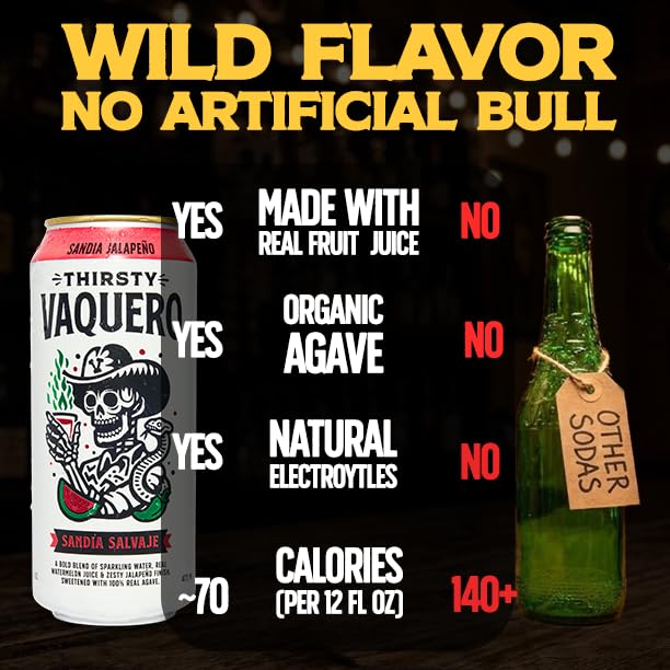 Image of Thirsty Vaquero, Variety Pack, Mexican-inspired soda, Real Fruit Juice & Savory Spices, Organic Agave, Low Calorie | Lime, Salt & Chile, Watermelon Jalapeno, Mango Habanero (12-Pack | 16Oz Cans)