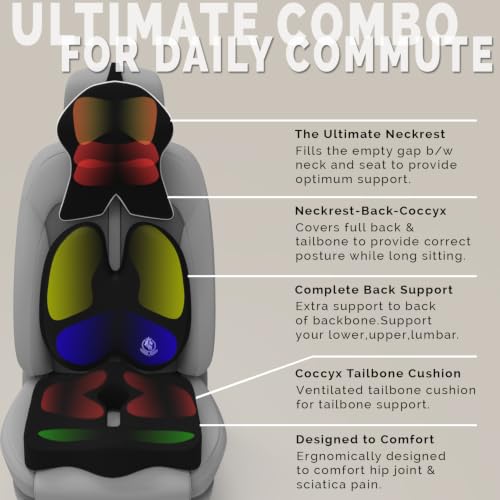 Image of MRRON Memory Foam Posture Corrector Car Seat Cushions Combo | Orthopedic Backrest, Coccyx Cushion & Neckrest | Ergonomic Lumbar Comfort Seat Cushion | Reduces Sciatica (Black, Backpro)