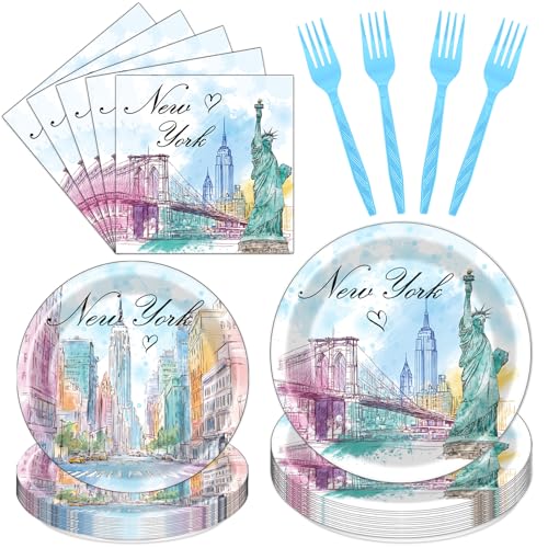 Deorfuy New York Party Decorations Tableware, 96PCS NYC Paper Plates and Napkins Decoration New York Themed Forks Decor, Birthday and Baby Shower Supplies Serve for 24 Guests