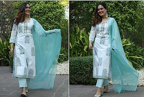 Image of Sidhidata Women's Cotton Blend Printed Kurta Pant and Dupatta Set