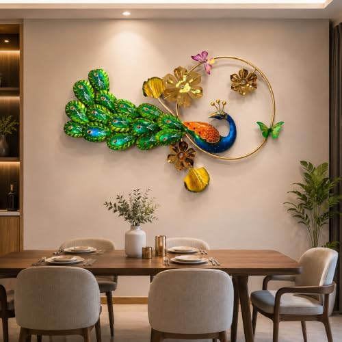 Image of SHREE 'O' GREEN TECH - Handcrafted Decorative Metal Peacock Wall Art Golden Leaf Frame Showpiece Multicolor Decor for Home Living Room Drawing Room Bedroom (Size 41x25 Inch)