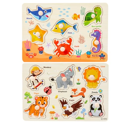 PBAHAUP Puzzles de Madera para niños, Puzzles de Animales de 2 Piezas con Asas, Juegos educativos Montessori para niños, niños y niñas, Multicolor, Animales, océano