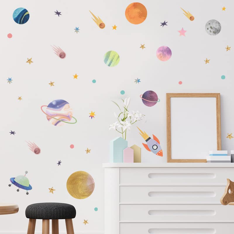 Image of Space Adventure Fun Learning Educational Wall Stickers for Kids Baby Peel and Stick Wall Stickers for Kids Room Bedroom Playroom Nursery Living Room Decor Wall Art Wall Decoration Boho,90X1 cm