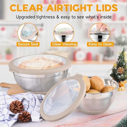 Onader Mixing Bowls with Lids Set of 6, Large Metal Nesting Mixing Bowls, Stainless Steel Non-Slip Salad Bowl Khaki – Size 1, 1.5, 2, 2.6, 3.5, 7QT - Thumbnail 5