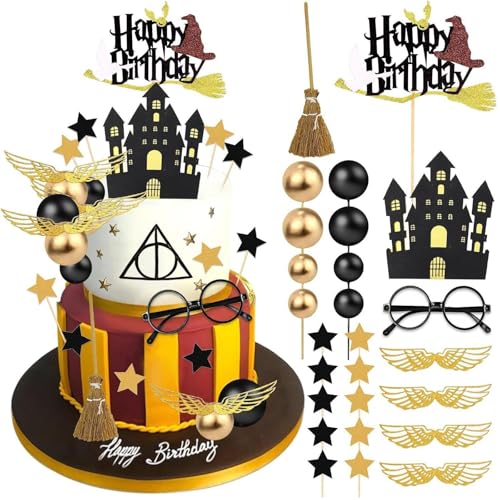 38Pcs Black Magic Cake Decoration Set Wizard Themed Cake Toppers Dreamy Magic Cupcake Decorations Fantasy Academy Theme Dessert Decor Birthday Party Supplies for Girl and Boy