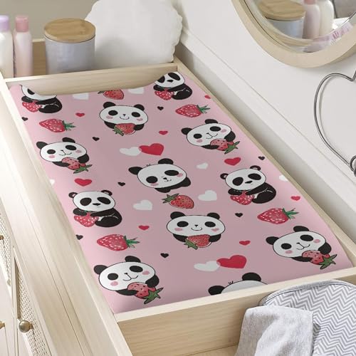 Image of Strawberry Panda Changing Pad Cover for Baby Girls Pink Diaper Change Table Covers Soft Stretchy Changing Mat Sheets Cover
