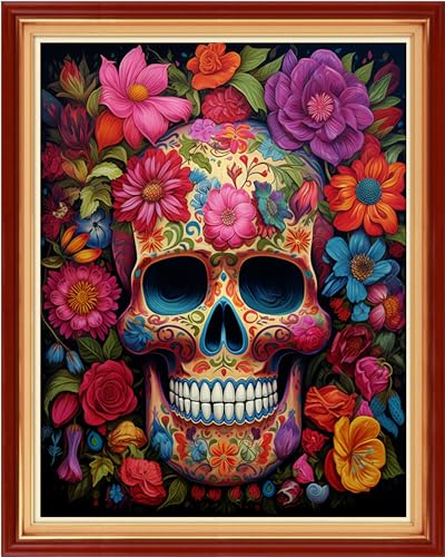 Image of Dimxvean Stamped Cross Stitch Kits,Cross Stitch Kits for Adults Beginners,Embroidery Kits Full Range of Cross Stitch Stamped Kits Needlepoint Kits Cross Stitch Patterns-Colorful Skull 16x20 inch
