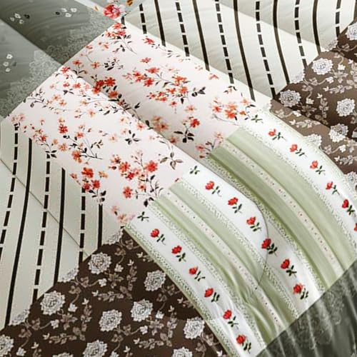 Image of AILONEN Green Brown Patchwork Comforter Set Full Size, Plaid Floral Striped Bedding with 2 Pillowcases for Girls Women 3Pcs