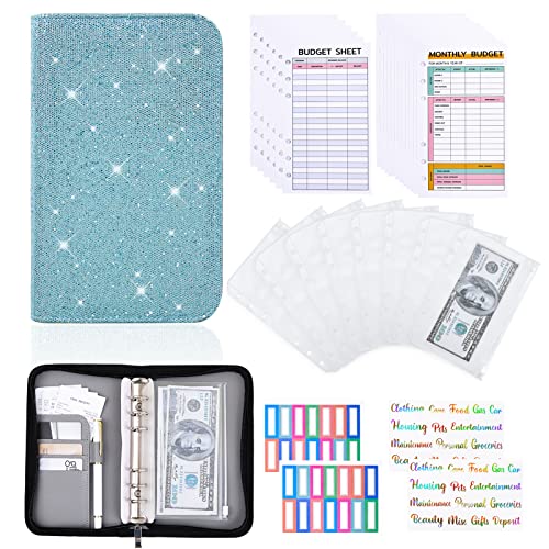 Budget Binder with Zipper Envelopes A6 Money Organizer for Cash PU Glitter Leather Money Saving Binder with 8pcs Cash Envelopes for Budgeting,18pcs Budget Sheets,24pcs Stickers,Budget Planner Wallet