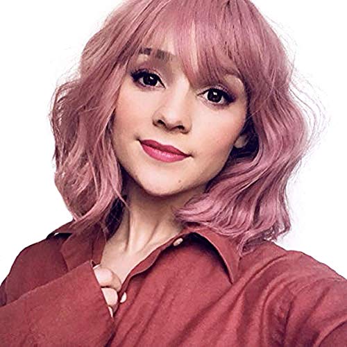 Elegant Pink Short Wig With Bangs For Christmas Halloween, 14 inches Short Curly Hair Womens Wigs, Charming Cosplay Costume Wavy Hair Wig (Lovely pink)