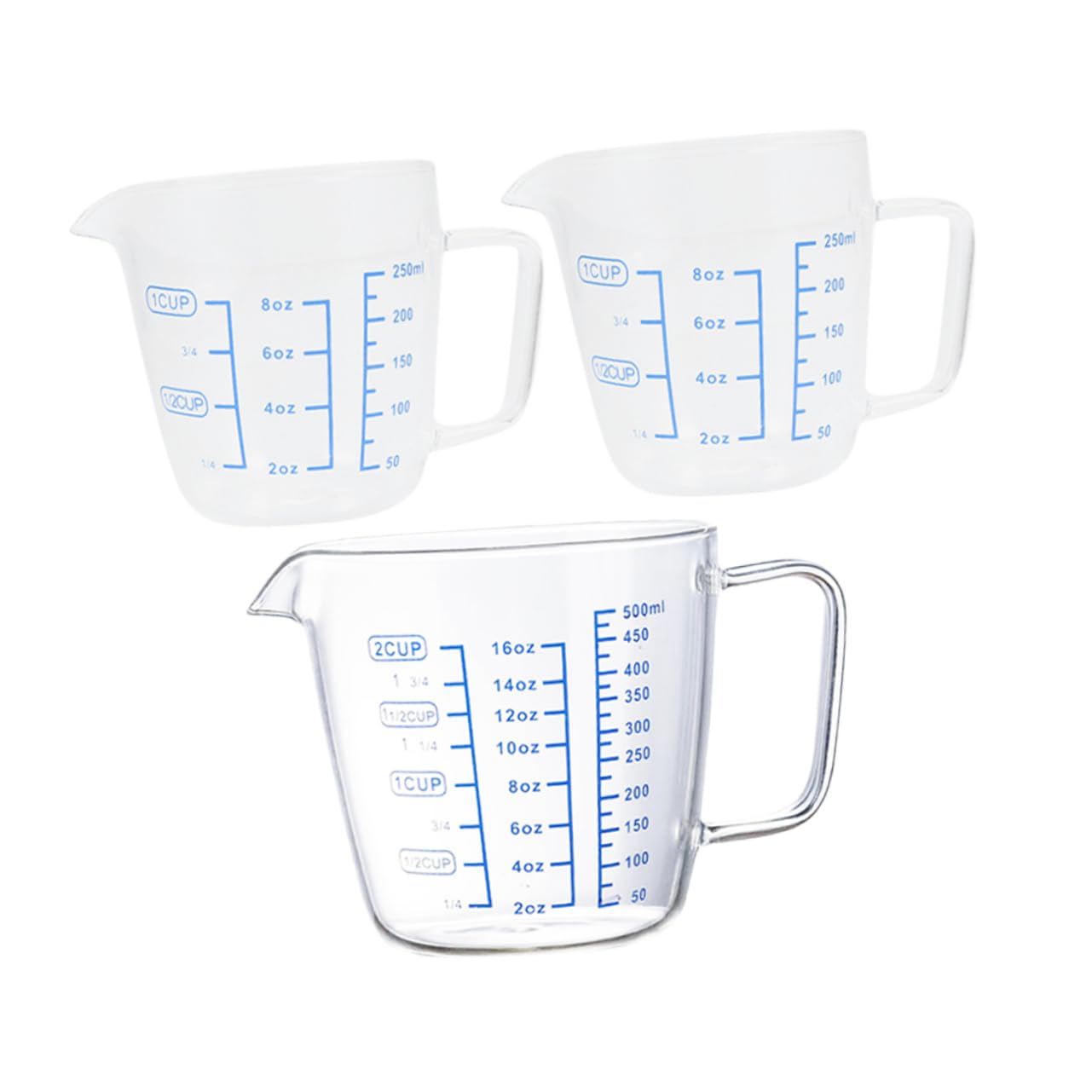 Messbecher aus Glas 3 Stück 250ml 500ml mit Henkel | Borosilikatglas, für Flüssigkeiten und Espresso, Leicht und Vielseitig