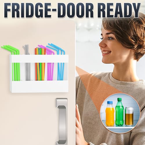 Image of 9.5 inch Cabinet Door Peel and Stick Straw Holder - White Plastic Straw Holder for Cabinet Door, With Strong Adhesive Tape, Space-Saving Easy Mounted Storage for Straws, Utensils, Chopsticks and More