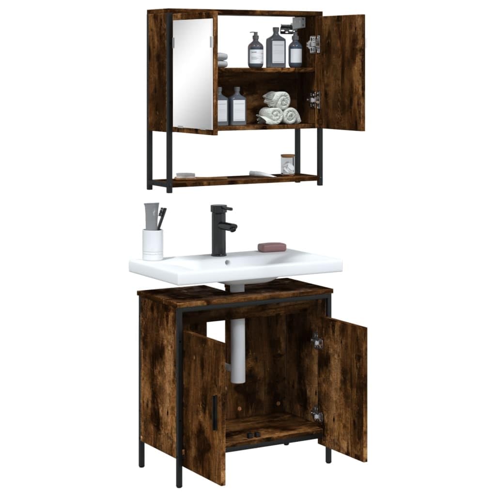 Set di 2 mobili da bagno in legno di rovere affumicato, armadietto