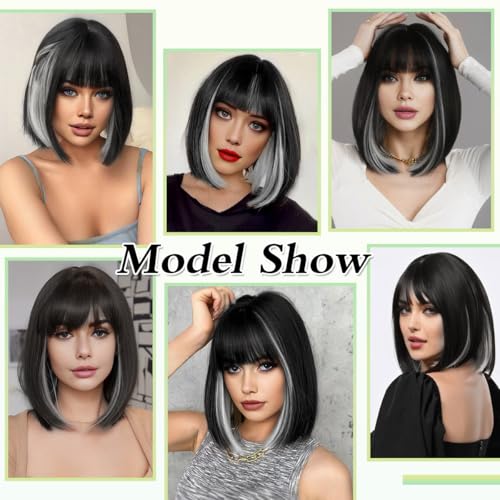 Image of Creamily Short Hair Wig for Women Full Head, Bob Cut Wigs with Bangs for Women, Hightlight Black Mix Grey Straight Ladies Wigs Natural Hair Full Head (Black,14 inches)