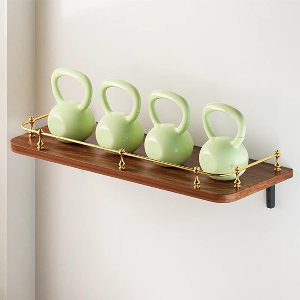 Solid Wood Wall Mounted Shelf Farmhouse Style Wooden Storage Shelves Wall Display Rack Organizer with Gold Guardrail and Metal Brackets, Walnut Color(80cm)