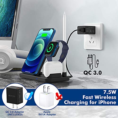 Powlaken Wireless Charger, 4 in 1 Wireless Charging Station Dock for Apple iWatch Series Se 6 5 4 3 2 1, AirPods Pro and Pencil, Charging Stand for iPhone 11, 11 Pro max, Xr, Xs max, X - Thumbnail 6