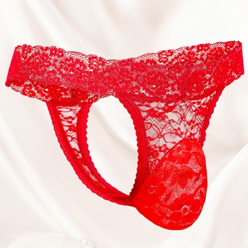 2 Pcs Sissy Men's Thong Underwear Lace Frilly Thongs Sheer Mesh Bikini Briefs G-string Lace Panties Men, Black, Red2
