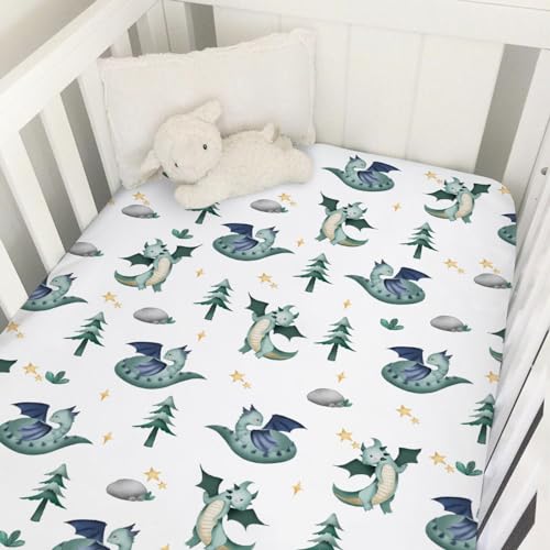 Image of Cartoon Fairy Tale Dragon Trees Stars Baby Crib Sheets 52''x28'' Watercolor Dragons Stretchy Fitted Crib Mattress Cover for Boy Girl Soft Bed Sheet for Standard Crib and Toddler Mattress
