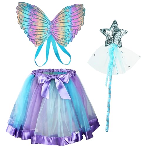 AUYAO 3Pcs Deguisement Papillon pour Fille, Papillon Costume de Fée Papillon, Papillon Ailes Enfants, Kit de Costume de Fée Papillon avec Baguette Magique...