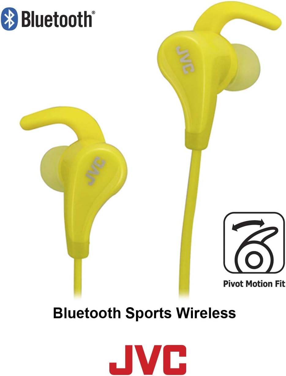 New Arrivals JVC Yellow and Grey Wireless Water Resistant Pivot Motion Sport Headphone with Locking Ear Fit HA-ET50BTY
