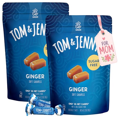 Tom & Jenny's Sugar Free Candy (Soft Caramel) with Ginger and Vanilla - Low Net Carb Keto Candy - with Allulose and Maltitol - (Ginger Caramel, 2-pack)